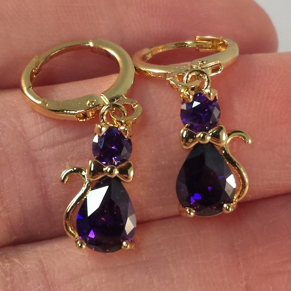 18K Gold Filled Cat Diamond Zircon Purple Dangle Earrings Women's Party Gift - Picture 1 of 3